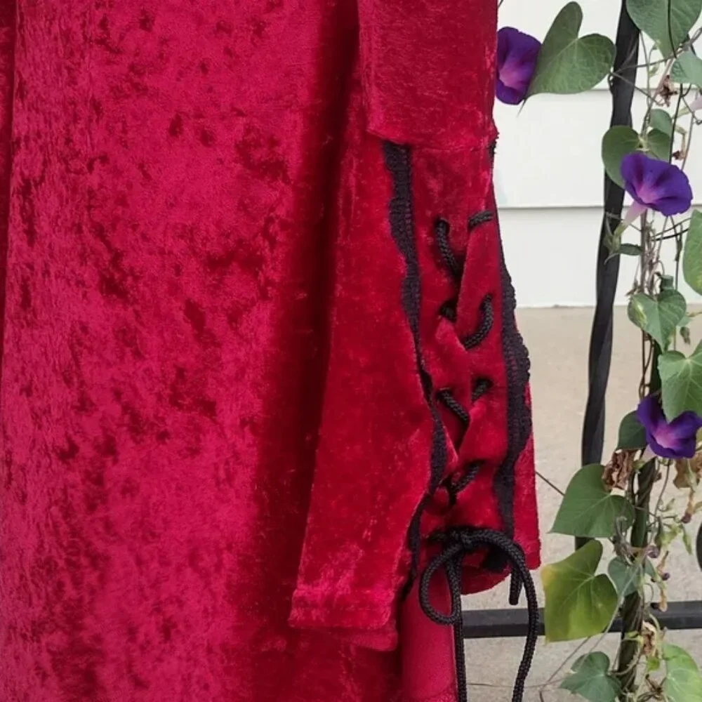 90s Lip Service Hi Low Red Velvet Laced Top with Bell Sleeves Small - Picture 6 of 14